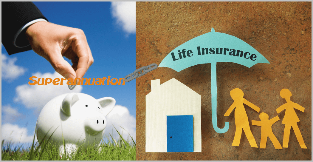 a composite image of a superannuation savings white piuggy ban sitting on grass with a blue sky background linked by three chain links to a picture of a blue umbrella over a paper cut-out family of a mum, dad and a child, with the words life insurance on the umbrella indicating the protection life insurance provided, especially when linked with superannuation