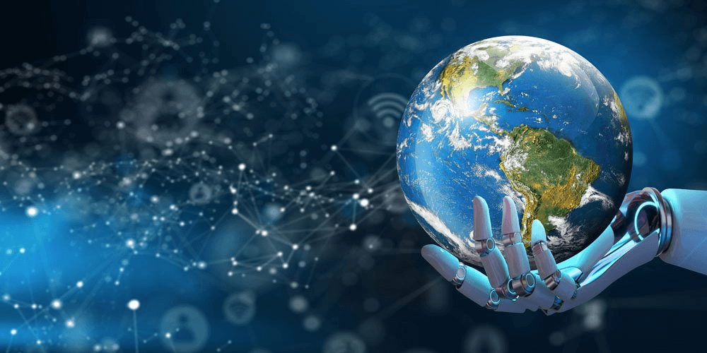 a globe of the world held in a robotic hand with electronic signalling spreading out into the stratosphere - pre-empting that artificial intelligence will be a real investment