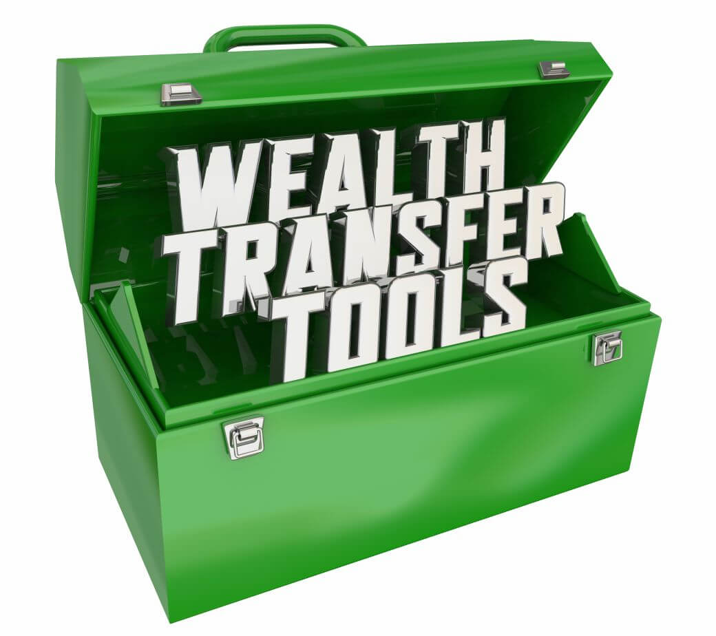 a green coloured open tool box showing in large upper case lettering, the words wealth transfer tools - symbolising intergenerational wealth transfer using investment bonds, pre-estate