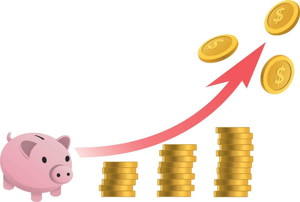 piggy bank on left starts savings journey leading to stacks of money, increasing in amount over time, showing to benefit from wealth accumulation incrementally