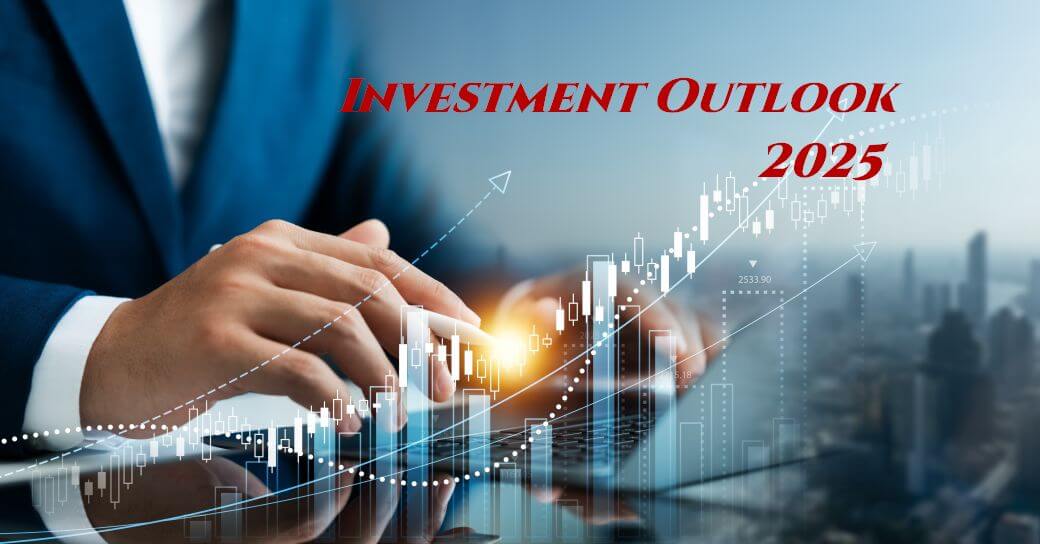 an investment analst's hands with a pen in hand works on a keyboard, with a background image of a city skyline and an overprint chart reflecting market performance. Text on the image reads 'Investment Outlook 2025'