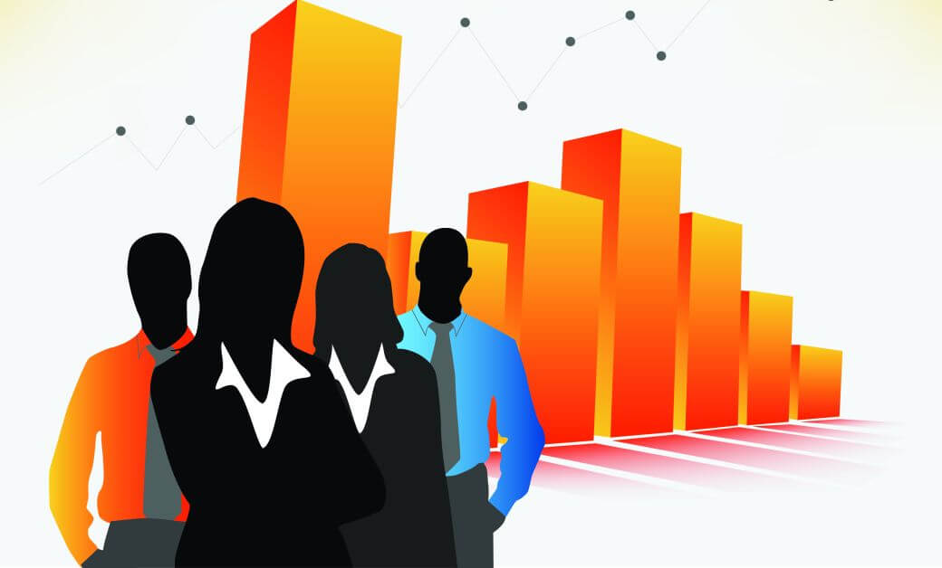 shadowed figures of investment managers standing in front of a bar chart showing falling returns for investors in the report for the year (2008)