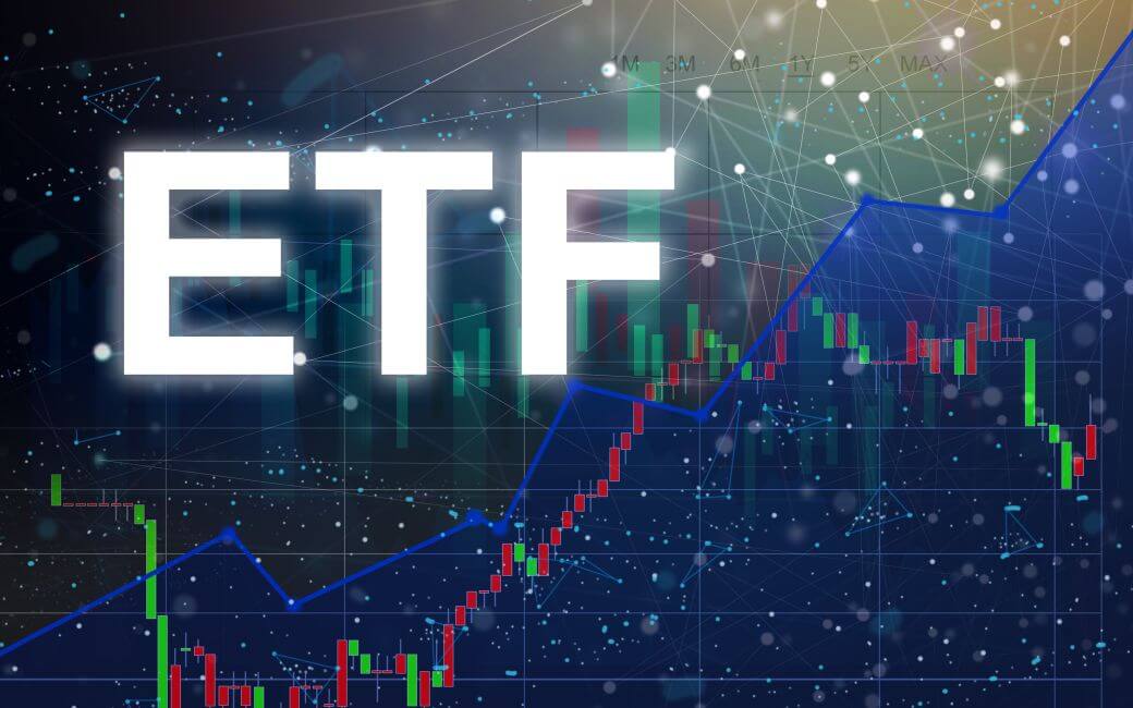image of several overlays with emboldened upper case lettering displaying E, T, F over graphs and charts showing investment valuation movement in a guide to the asset class ETFs