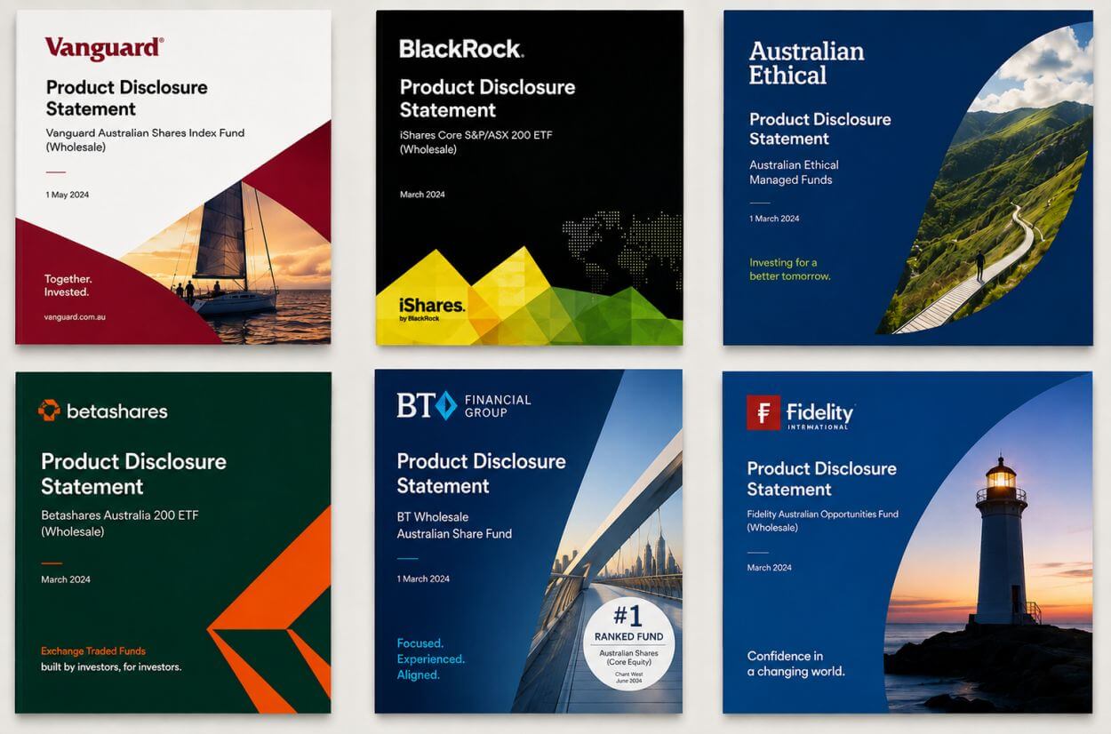 an array of product disclosure statement covers from a random selection of managed funds available in Australia featuring Vanguard, betashares, Blackrock, BT Financial Group, Australian Ethical, and Fidelity as examples of ways to invest in diversified strategies